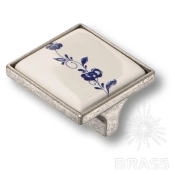Brass Ручка кнопка 15.326.32.PO01.16 синий цветочный орнамент / старое серебро 32 мм фото 1