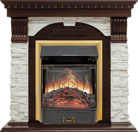 Каминокомплект Dublin - Темный дуб / Сланец белый с очагом Majestic FX Brass фото 1